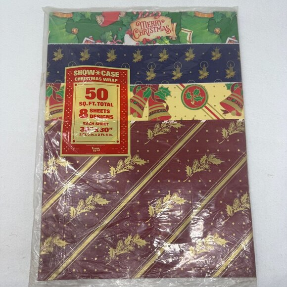 Vintage 80s Christmas Wrapping Paper Sheets Gift Wrap Owl Bells Plaid Sleigh NIP - Picture 1 of 4